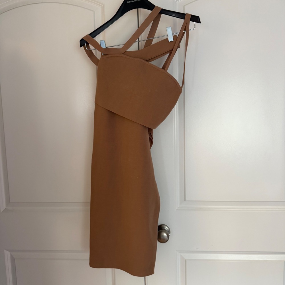 Michael Costello x REVOLVE Two Piece Bandage Set Tan Crop Top Skirt Camel XS/M